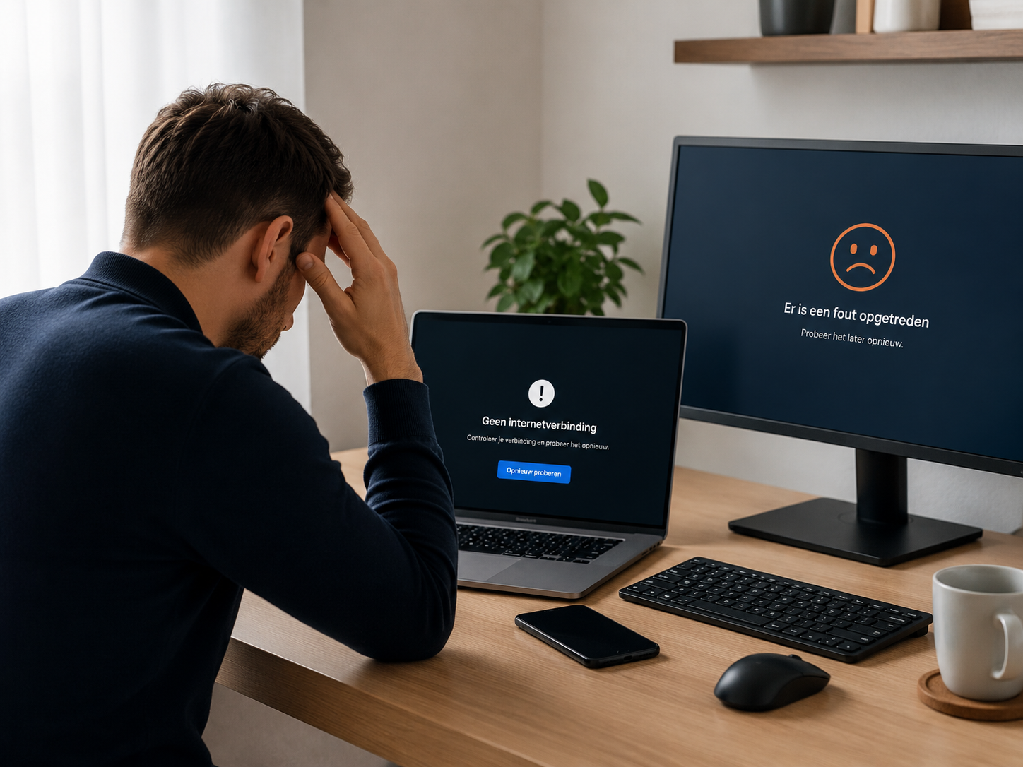 Iemand aan een bureau, gefrustreerd door een foutmelding op zijn computer- en laptopscherm